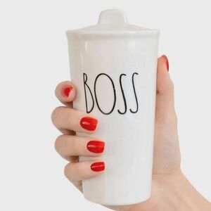 Rae Dunn 12 OZ Boss Travel Coffee Cup Mug Ceramic WHITE